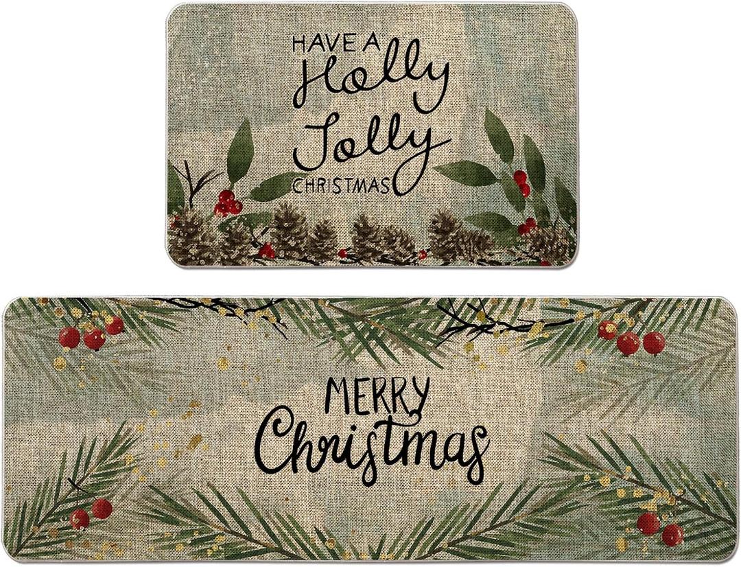 Christmas Kitchen Rug Have A Holly Jolly Christmas Kitchen Mat Set of 2 Merry Christmas Winter Farmhouse Party Floor Mat for Home Kitchen Bathroom Decorations - 17x27 and 17x47 Inch