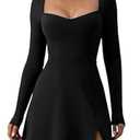 QINSEN Long Sleeve Dress for Women Sexy Sweetheart High Waist Flare Mini Dress Clubwear Black M