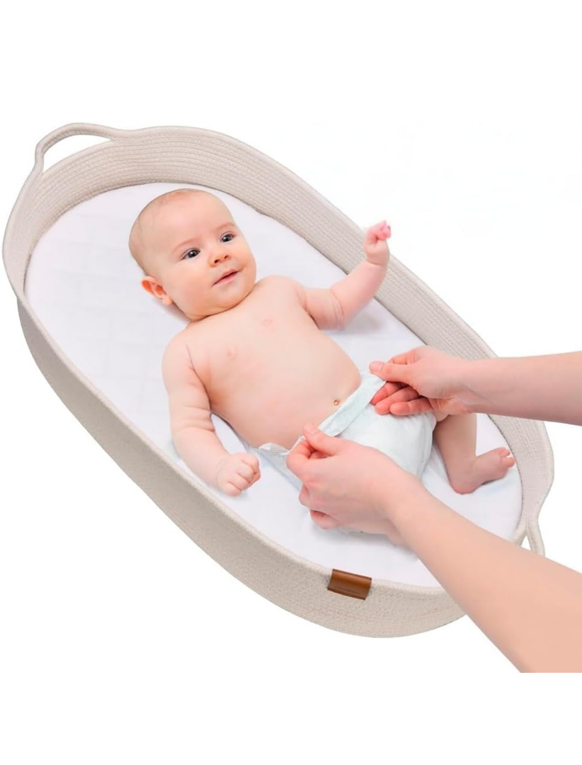 Baby Changing Basket - Cotton Rope Moses Basket for Newborn - 100% Cotton Boho Baby Moses Basket Changing Table and Thick Pad with Waterproof Mattress Cover - Nursery Decor