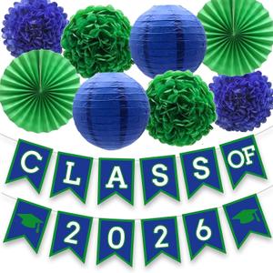 3 x Blue Green Graduation Party Decoration Class Banner Hanging Pom Poms Flowers High School College Grad Supplies