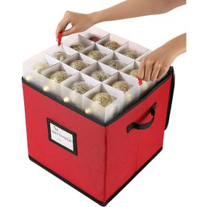 Sattiyrch Christmas Ornament Storage Box,4 Trays with Customizable Dividers,Canvas,Dust-Proof, Holds Up to 64 x 2.36 Ornaments, for Garage/Attic/Basement Storage (Red)