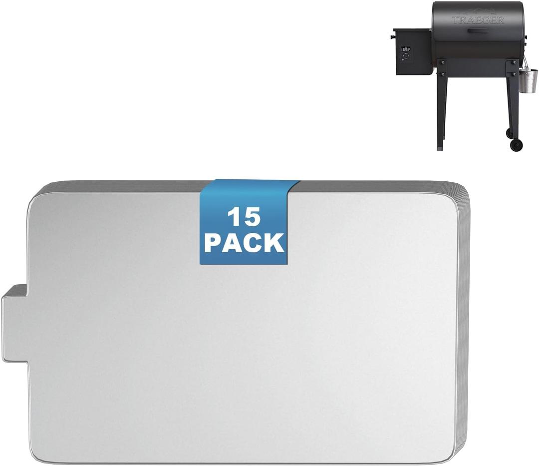 SafBbcue BAC408 Drip Tray Liner Replacement for Traeger Tailgater 20 Series, 19.6 x 12.5 Inch, Portable and Foldable, Disposable Aluminum Grill Tray for Collecting Grease, 15 Pack