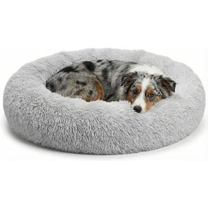 Active Pets Premium Medium Donut Dog Bed, Fits Up to 45 lbs, Removable Cover & Washable Cushion, Plush Long Pile Faux Fur Fabric, Portable Beige Pet Bed Furniture for Puppies Adult Canines & Cats (Light Grey)