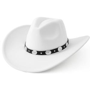 Lanzom Women Men Felt Wide Brim Western Cowboy Hats Belt Buckle Panama Hat (Large-X-Large, White)