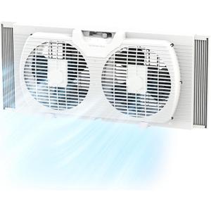 EZ-CHILL 9" Twin Window Fan with Manually Reversible Airflow Control, Auto-Locking Expanders, 2 Speed, Dual Fan, Exhaust, Airflow 9.84 ft/sec, Ideal for Home, Kitchen, Bedroom & Office, White