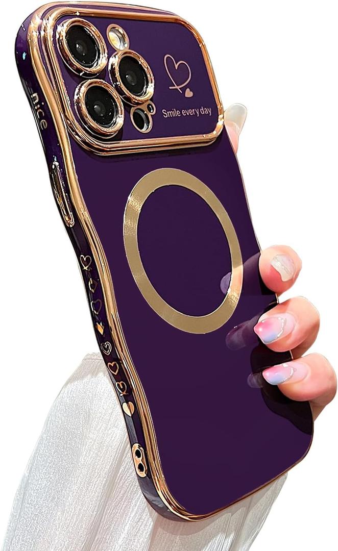 for iPhone 15 Pro Max Case Magnetic,for Women Girls Soft Cute Wave Frame Curly Shape Love Heart Luxury Plating Phone Case Compatible with MagSafe Shockproof Back Cover 6.7"-Dark Purple
