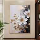 3D Textured Flower Wall Art for Living Room, Hand-Painted White and Black Floral Oil Painting for Bedroom,Framed Large Floral Artwork for Office Home Decor 28x40 inches (28L" x 40W")