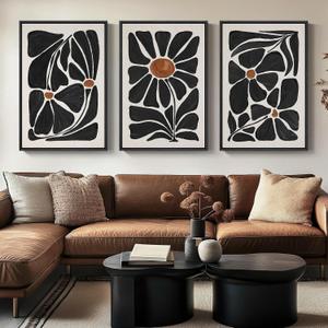 Large Framed Boho Floral Wall Art for Living Room, 3 Piece Mid-Century Modern Abstract Botanical Canvas Painting Prints Artwork for Walls, Black and White Flowers for Bedroom Hallway Office, 24x36