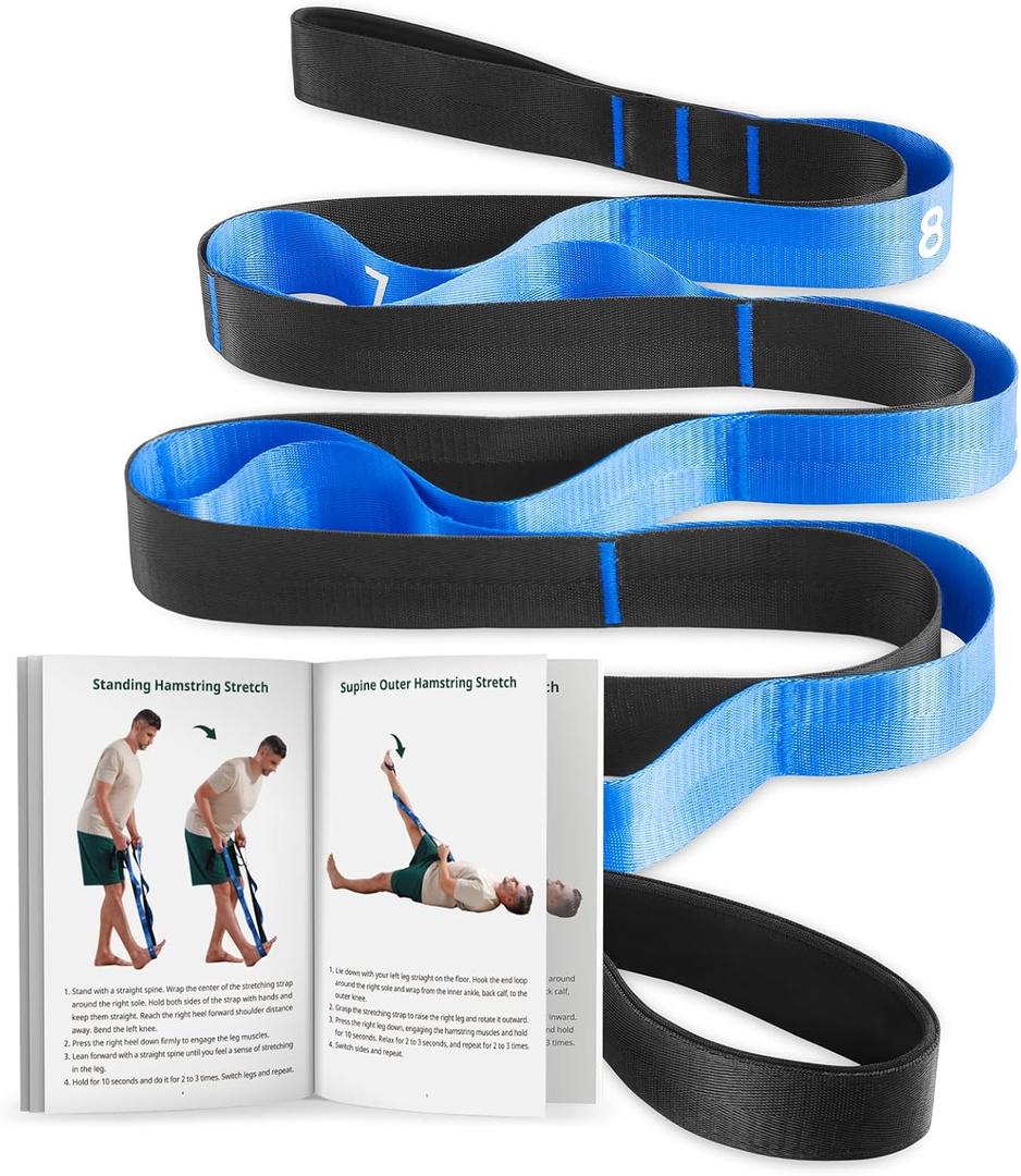 Trideer Stretching Strap for Physical Therapy, Non-Elastic Yoga Straps for Stretching with 10 Loops, Durable Nylon Stretch Bands for Exercise, Pilates, Gymnastics, Leg Stretcher with Guidance and Drawstring Bag (blue)