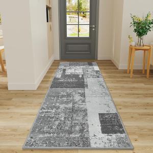 LOCHAS Washable Runner Rugs for Hallway, 2x6 Non Sip Soft Rug for Bedroom Entryway Kitchen Laundry Room, Long Abstract Carpet for Indoor Floor Bedside, Grey Geometric Vintage Decor, Pet & kid Friendly
