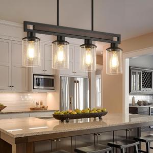 Farmhouse Dining Room Light Fixture, 4-Light Wood Kitchen Island Lighting for Dining Room Over Table, Black Adjustable Pendant Light with Seeded Glass Shades, Linear Chandeliers Lighting for Kitchen