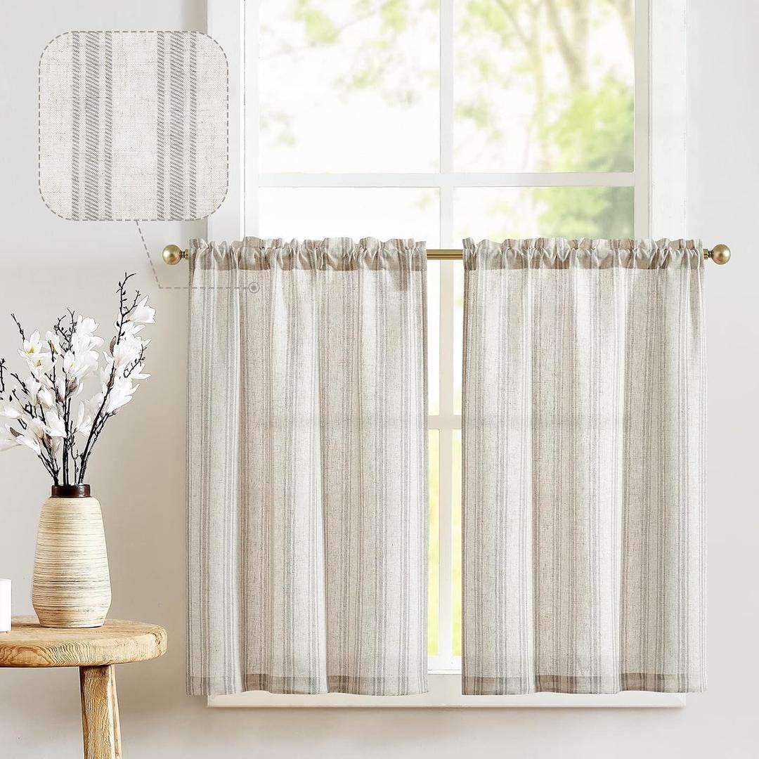 jinchan Gray Striped Linen Kitchen Curtains 24 Inch Cafe Tier Curtains Balanced Stripe Farmhouse Small Drapes for Bathroom Laundry Over Sink Half Window Light Filtering 2 Panels Grey on Linen