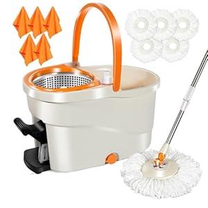 MASTERTOP Spin Mop and Bucket, Easy Wring Mop and Bucket with Wringer Set for Home, Microfiber Spin Mop for Hardwood Laminate Floor Cleaning, Spinning Mop with Foot Pedal, 5pcs Mop Heads