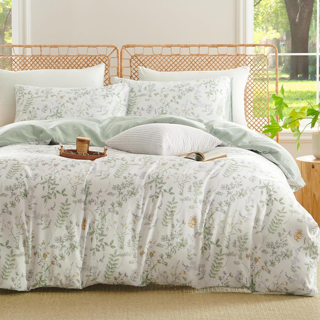 Botanical Duvet Cover Queen Sage Green Reversible Floral Bedding Set Farmhouse Leaf Bedding 3Pcs Modern Aesthetic Duvet Covers with Zipper Closure Ultra Soft Microfiber