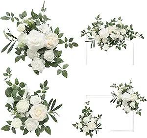 Ling's moment 2pcs White Wedding Artificial Floral Swag Welcome Sign Flowers Backdrop Garland Green for Ceremony Reception Door Wall Easel Home Decoration Entryway Faux Outdoor Board Table Decor