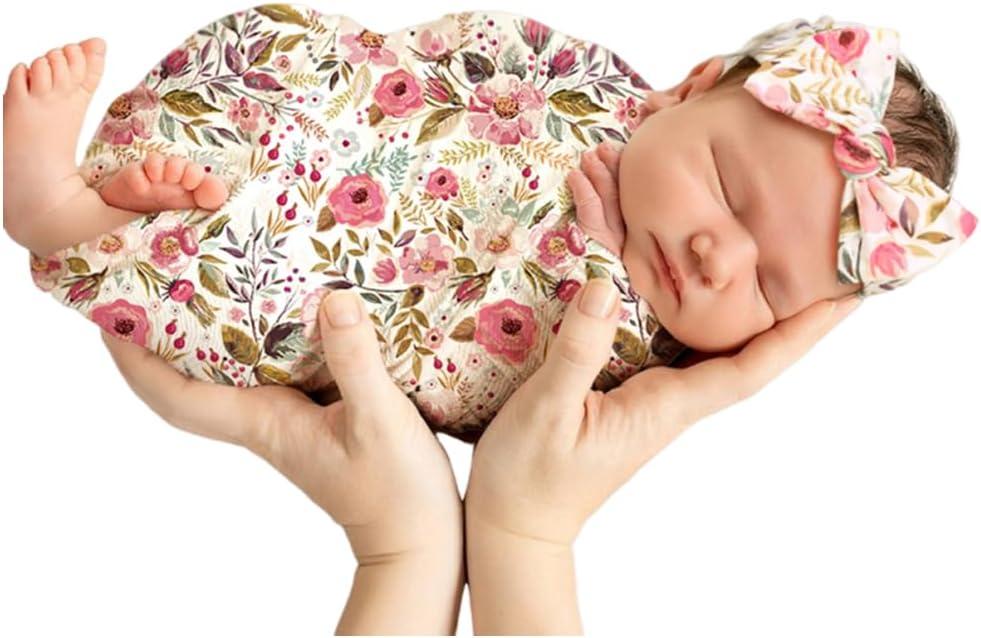 Receiving Blankets for Baby Girls Swaddle Blanket with Headband Set for 0-3 Month Cotton Knitted Newborn Swaddle Wrap Perfect Shower Gift (Pink Flower)