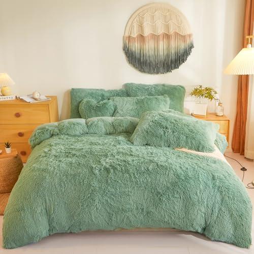 Shaggy Fluffy Green Comforter Cover Queen Set – Faux Fur Shaggy Green Bedding 3-Piece Set (1 Duvet Cover + 2 Furry Pillow Shams) Cozy Bed Set