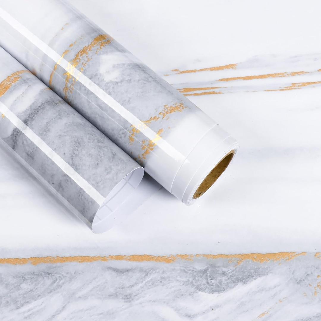 Gold Grey White Marble Contact Paper for Countertops 15.7''x160'' Removable Glossy Marble Peel and Stick Wallpaper for Bathroom Waterproof Self Adhesive Kitchen Vinyl Wrap for Cabinets Table