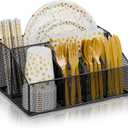 Metal Paper Plate Holder Dispenser, Disposable Paper Plate Utensils Holder for Party, Napkin Cups-Silverware Cutlery Holders Caddy for Kitchen Counter, Black