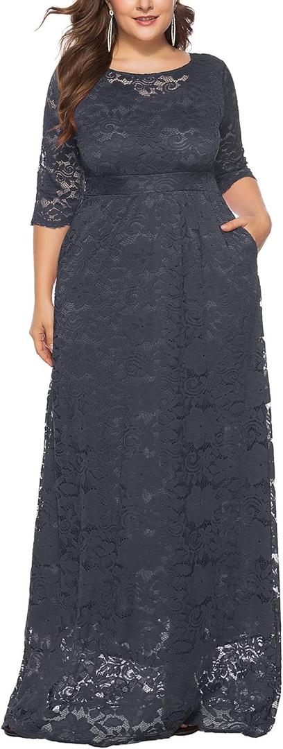 Eternatastic Women's Floral Lace 2/3 Sleeves Maxi Dress Plus Size Evening Party Dresses (X-Large, Darck Gray)