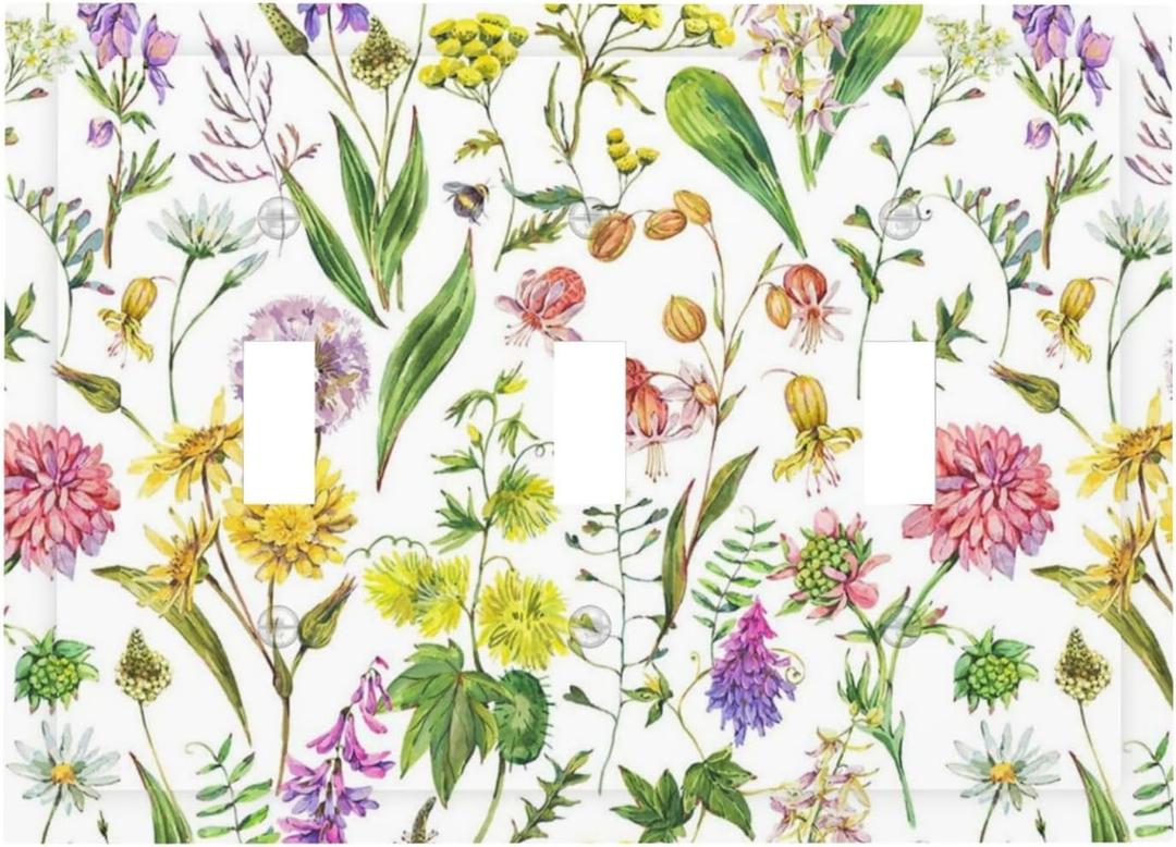 Colorful Flower Watercolors Plant 3 Gang Light Switch Covers Triple Toggle Wall Plate Decorative Switchplate Electrical Faceplate For Farmhouse Bathroom Bedroom Decor, SGHXWP0822