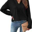 SHEWIN Womens Casual V Neck Sweatshirt Long Sleeve Lightweight Drop Shoulder Solid Pullover Tops (Black, XL)