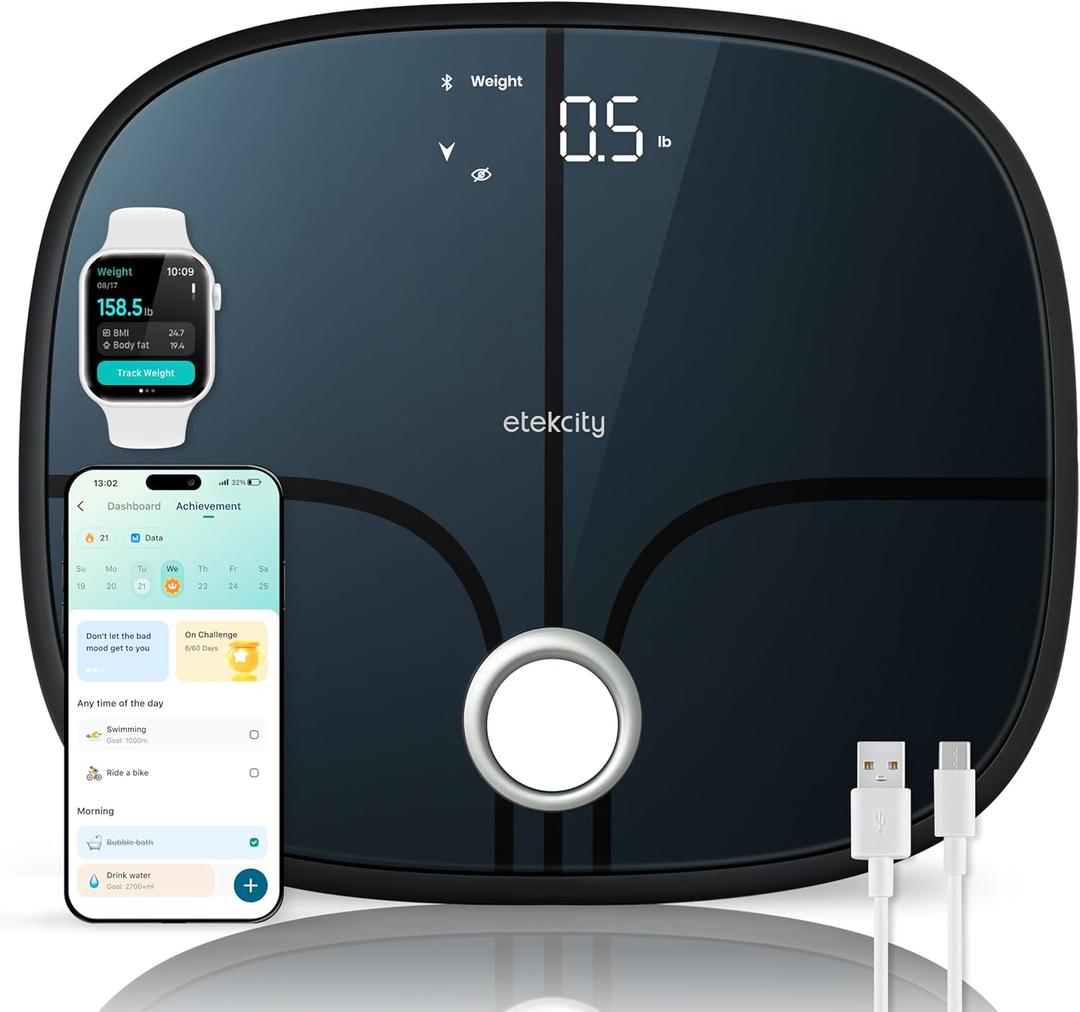 Etekcity Smart Rechargeable Scale for Body Weight, BMI, Fat, Muscle Mass, Digital Bathroom Scale with 13 Metrics, Secret Mode, Bluetooth Connect to Free Apps, Stealth Black