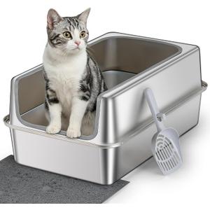 Stainless Steel Litter Box with Metal Lid and Scoop - Enclosed Metal Litter Box for Large Cats, Rust-Resistant, Odor-Control, Easy to Clean, Durable & Long-Lasting with Round Edge (XL)