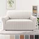 H.VERSAILTEX High Stretch Loveseat Covers 1-Piece Couch Cover Non Slip Sofa Cover with Elastic Bottom Thick Soft Sofa Covers Washable Polyester Spandex Jacquard Fabric Stripe Design (Loveseat, Ivory)