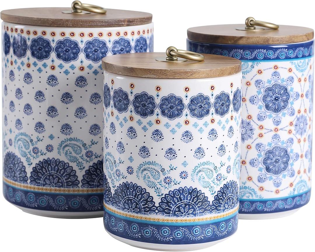 Bico Blue Talavera Ceramic Canister Set of 3 for Kitchen Counter, 62oz, 40oz, 32oz each, with Wooden Air Tight Lid, Food Storage Jar for storing Coffee, Tea, Spice, Dishwasher Safe
