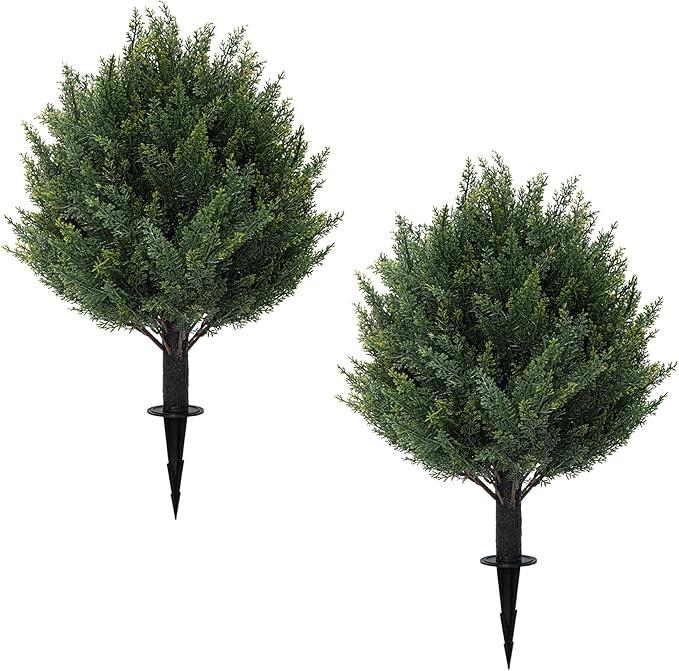 2 Pack Artificial Cypress Topiary Ball Trees with Ground Spike, 24" Norfolk Fake Bushes Shrubs UV Resistant Faux Plants Greenery for Outdoor Planters Garden Front Porch Pot Urn Fillers Spring Decor