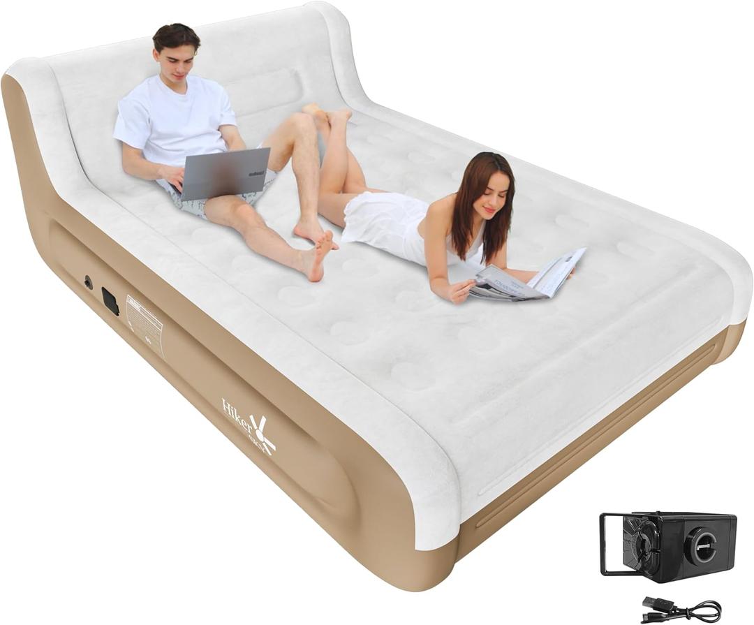 Air Mattress Queen with Headboard, Built-in Rechargeable Pump, 18 Inch Inflatable Mattress for Family Guest Travel Camping, Fabric and Dutch Velvet Blow up Air Bed, 18'' Queen Khaki (Queen-18")