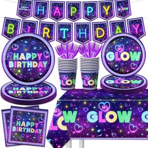Glow Neon Party Supplies Tableware Set, 142Pcs Let's Glow Birthday Party Decorations Include Neon Plates and Napkins,Cups,Glow Tablecloths for Neon Party Decorations, Serves 20