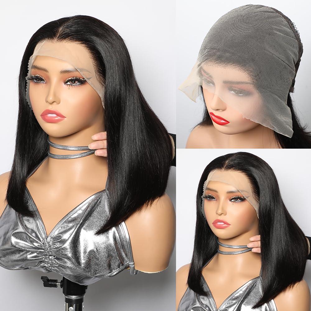 Bob Wig Human Hair Full 13x6 HD Lace Front Wigs Human Hair 180% Density Pre Plucked Pre Cut 100% Brazilian Virgin Real Hair Glueless Wigs for Black Women - 12 Inch 13x6 Bob Wig Natural Black