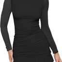 HOCILLE Women's Sexy Bodycon Boat Neck Mini Dresses Mesh Long Sleeve Ruched Ruffle Hem Club Party Short Dress (Large, Black)