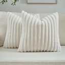 FUTEI Cream White Striped Decorative Throw Pillow Covers 24x24 Inch Set of 2,Square Winter Decorations Couch Euro Pillow Case,Soft Cozy Faux Rabbit Fur & Velvet Back,Modern Home Decor for Bed