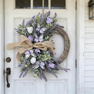 22'' Lavender Tulips Wreaths for Front Door Artificial Purple Flower Wreath with Butterflies and Greenery Leaves for Cabinet Spring Summer Hanging Wreath for Farmhouse Indoor Outdoor Porch Window Wall