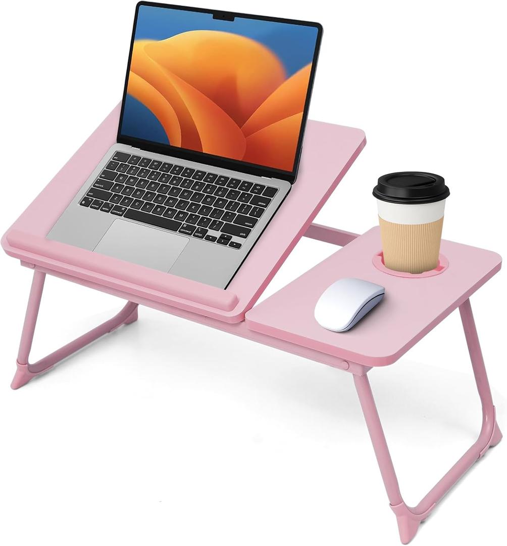 Lap Desk for Couch/Sofa/Floor, 5-Angle Adjustable Bed Desk with Foldable Legs &Cup Holder, Light Weight Bed Tray Table for Writing/Eating/Reading, Portable Laptop Stand for Adults, Kids (Pink)