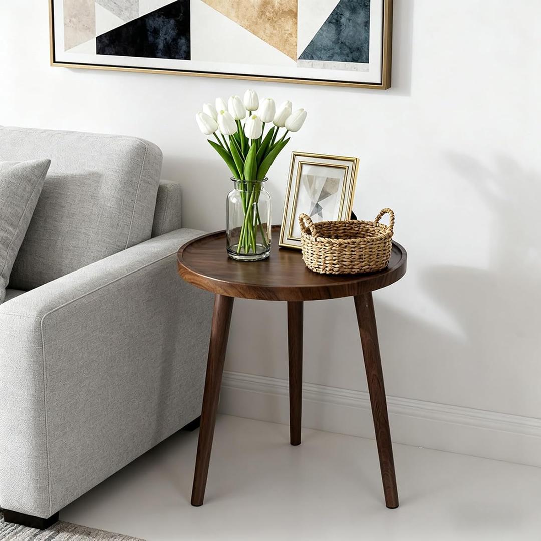 Round Side Table with Solid Wood,End Table,Coffee Table,Small Round Side Table with Solid Wood Leg for Couch,Living Room,Bedroom Office and Small Spaces,Easy Assembly,Brown