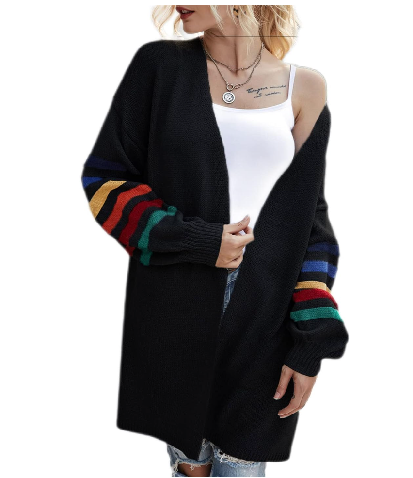 Fall Winter Women’s Long Sleeves Knit Sweater Cardigan Striped Deco Casual Loose Tops Stitching Oversized Jumper Jacket Top, Size L
