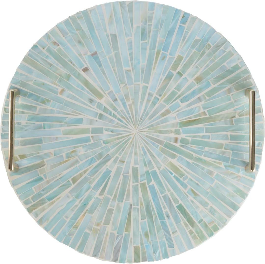 PEMAR Mother of Pearl Decorative Tray, 13" Round Display and Serving Tray with Gold Handles, Vanity/Perfume/Trinket Catchall for Dresser, Bathroom, Vanity Table (Teal Sunlight Starburst Pattern)