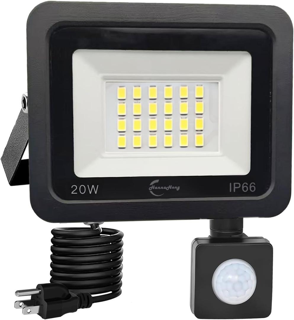 HANNANHONG Motion Sensor Flood Lights with Plug in, PIR Slim Design, 6500K Daylight, Outdoor IP66 Waterproof,Auto ON/Off Intelligent Security,Work Light for Garage Yard Patio Pathway Porch (20W)