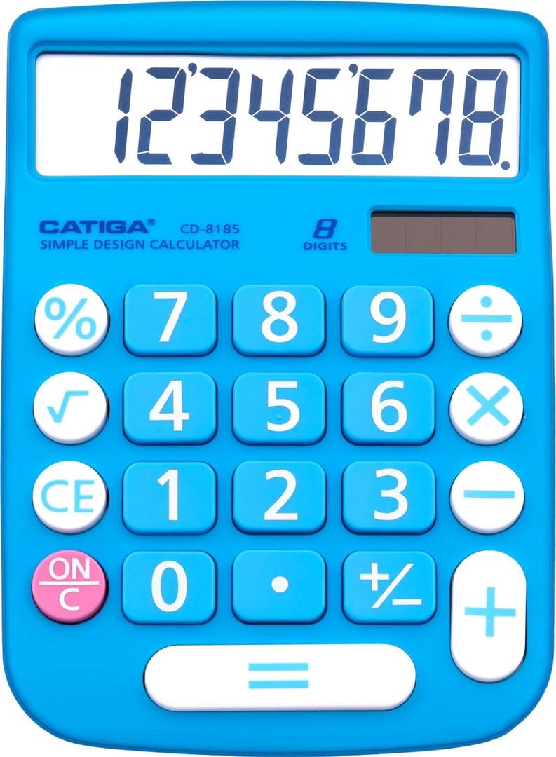CATIGA Desktop Calculator 8 Digit with Solar Power and LCD Display, Big Buttons, for Home, Office, School, Class and Business, 4 Function Small Basic Calculators for Desk, CD-8185 (Blue)