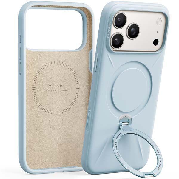 TORRAS Q3 VegSkin for iPhone 17 Pro Max Case Leather, 360 Spin Magnetic Stand, Fit for MagSafe, Camera Control, Shockproof Premium Organic Silicone Leather Case for iPhone 17 Pro Max, Light Blue