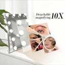 Hollywood Vanity Mirror with Lights, 12 Dimmable LED Bulbs Lighted Makeup Mirror with Detachable 10X Magnification Mirror, 1000mAh Rechargeable, 3 Color Lights, Touch Control
