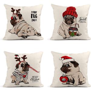 Set of 4 Linen Christmas Pug Throw Pillow Covers 18x18 Inch Dog in Striped Cardigan Horn Deer Home Decor Cushion Covers Square Pillowcases for Sofa Couch