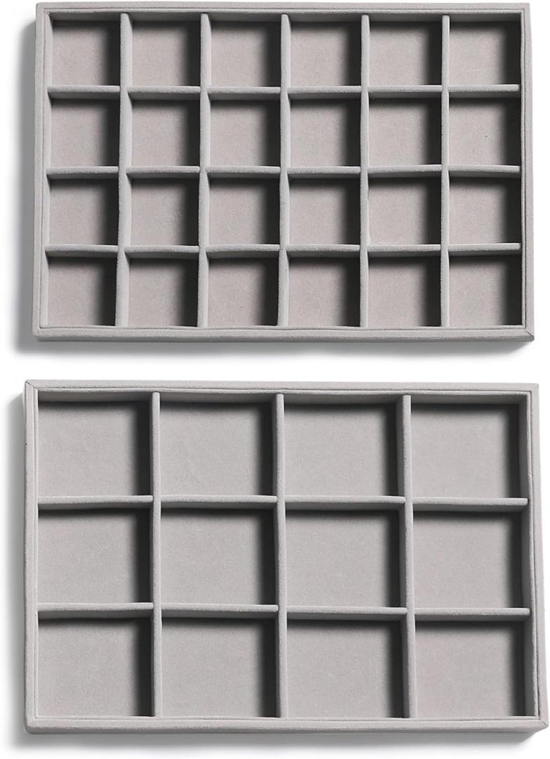 Frebeauty Stackable Velvet Jewelry Organizer Trays for Drawers Inserts Jewelry Storage Tray Display Case, Stud Earrings Bracelets Necklace Rings Trays for Women Girls(Set of 2)(Grey)
