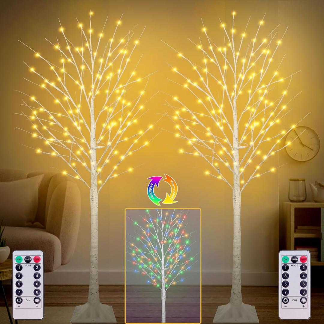 2 Pack 6FT Lighted Birch Tree with 260 LEDs Warm White and Multicolor Lights, 8 Functions Remote Faux Light Up Twig Christmas Tree with Lights for Indoor Outdoor Xmas Holiday Party Decoration