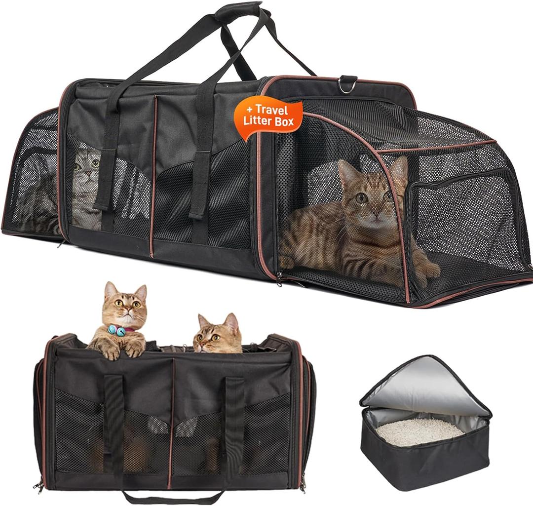 Cat Travel Carrier with Litter Box, Expandable Cat Carrier for 2 Cats for Car Travel, Soft Sided Pet Carrier for Cats and Dogs up to 30lbs, Black
