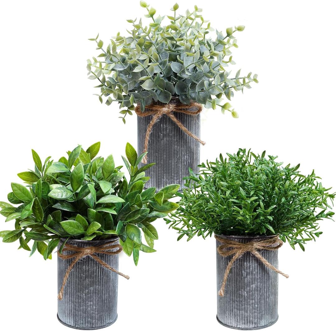 Winlyn 3 Pack Mini Faux Potted Greenery Artificial Boxwood Eucalyptus Rosemary Plants in Rustic Galvanized Metal Pots Potted Plants Arrangement for Farmhouse Table Centerpiece Home Mantel Shelf Dcor